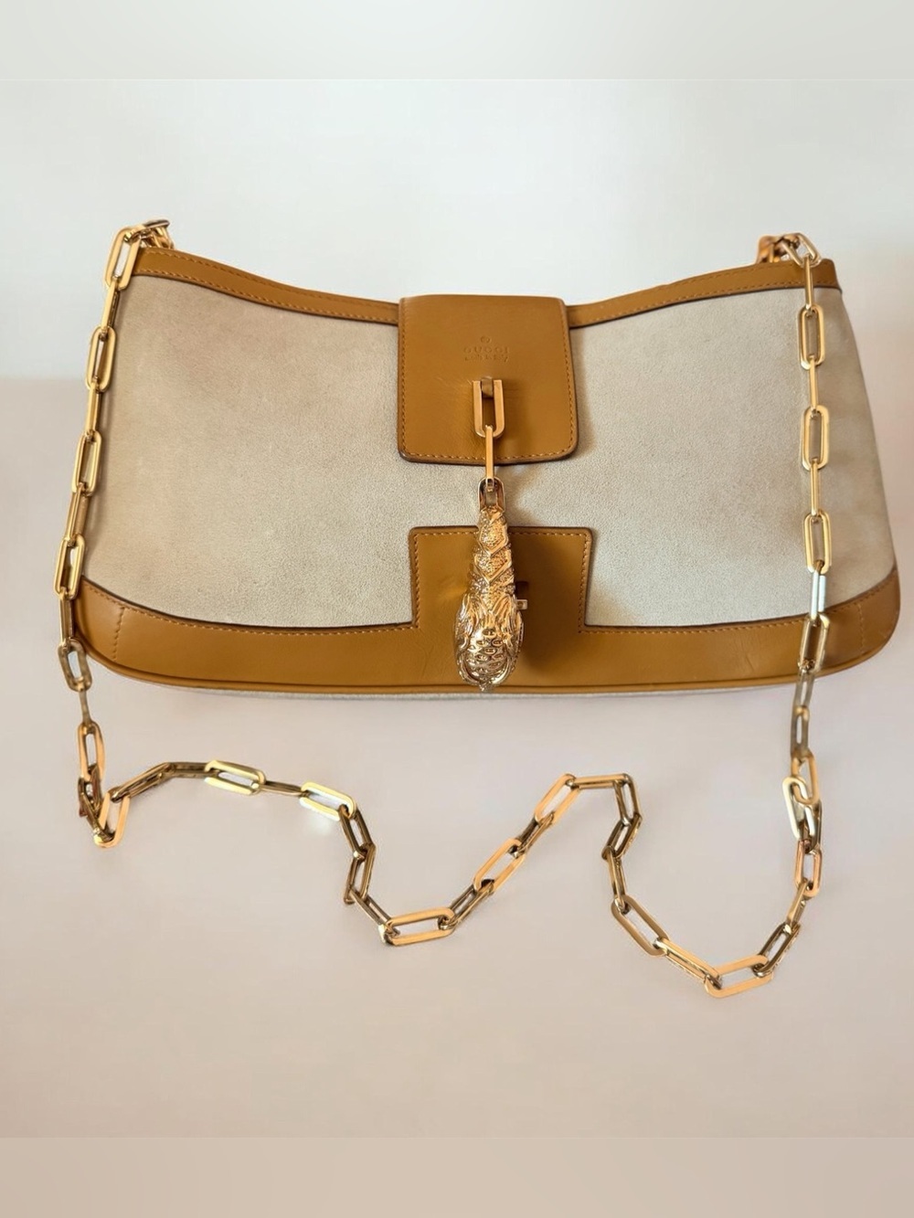 Gucci Vintage Tiger Head Chain Shoulder Bag Beige Suede Tan Leather Tom Ford Era - Picture 2 of 15
